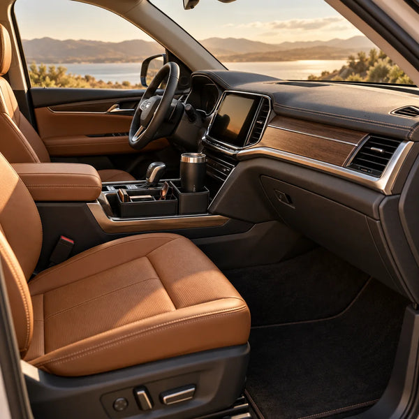 A refined tan leather car interior with a console organizer and travel cup