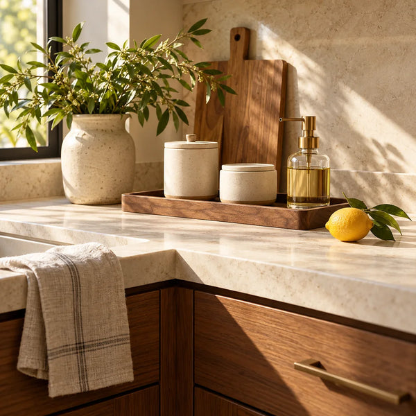 Everyday essentials arranged in a warm stone and walnut kitchen