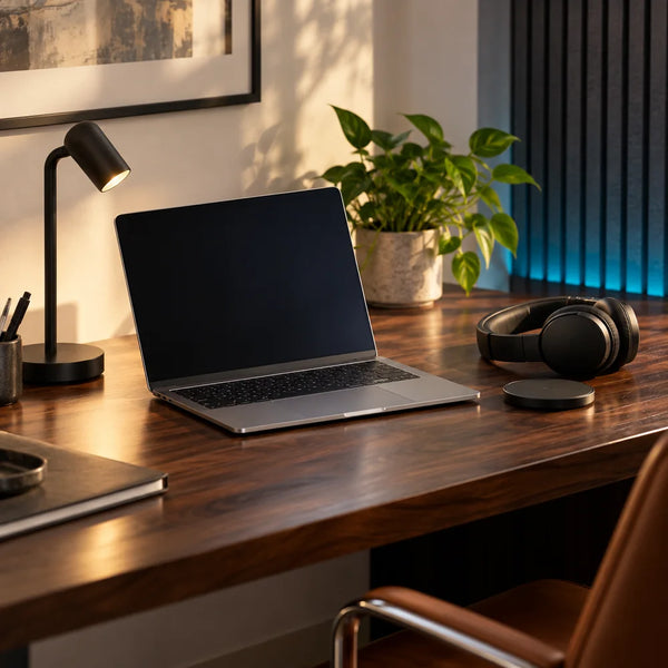 A modern walnut workspace with a laptop, headphones and charging pad