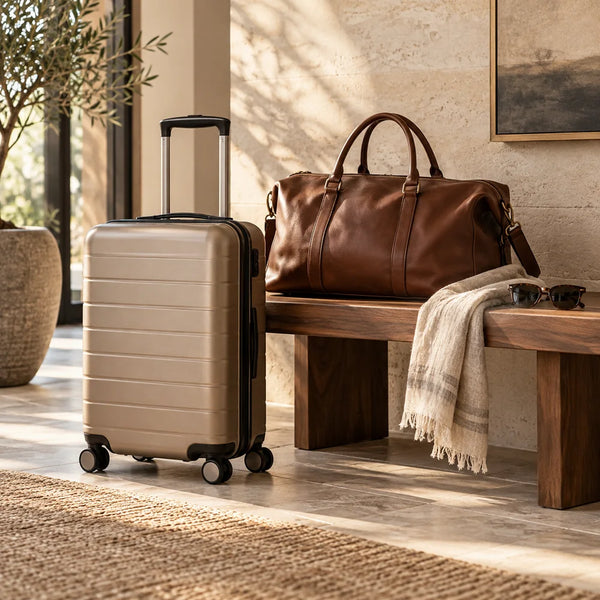 A champagne suitcase and brown weekend bag in a refined entryway